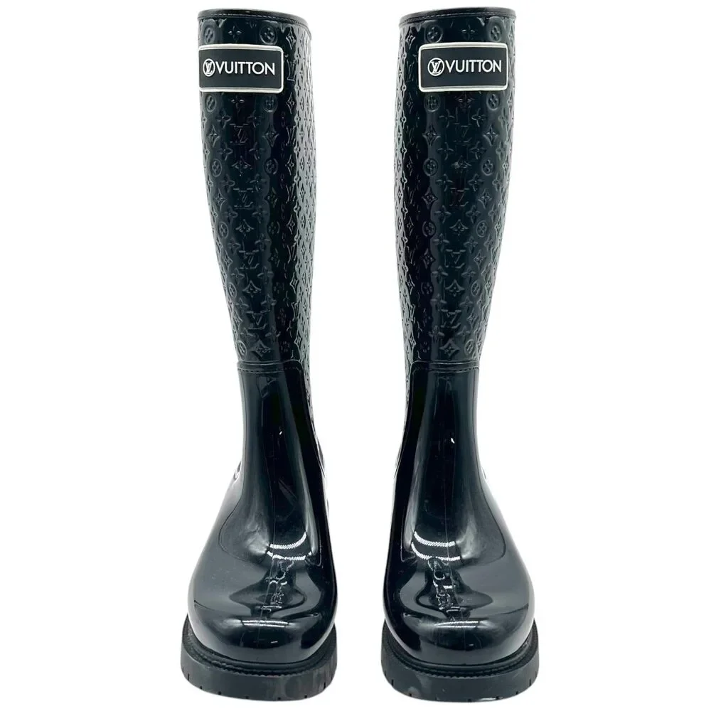 Louis Vuitton Black Shiny Rubber Embossed Monogram Rain Boots